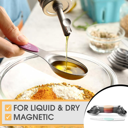 Spring Chef Magnetic Measuring Spoons Set with Strong N45 Magnets, Heavy Duty Stainless Steel Metal, Fits in Most Kitchen Spice Jars for Baking & Cooking, BPA Free, Black, Set of 8 with Leveler