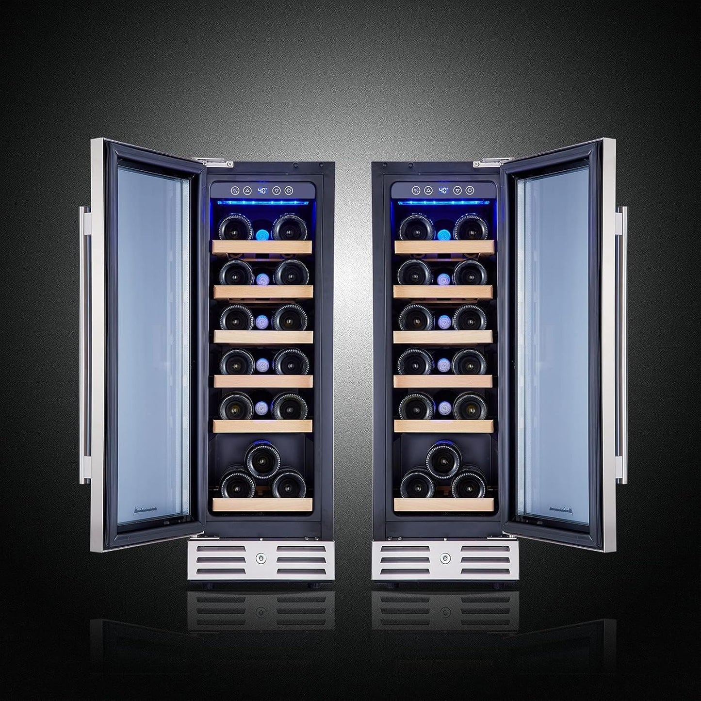 Kalamera 24 inch Wine Cooler, 46 Bottle - Dual Zone Built-in or Freestanding Fridge with Stainless Steel Reversible Glass Door, for Home, Kitchen, or Office.