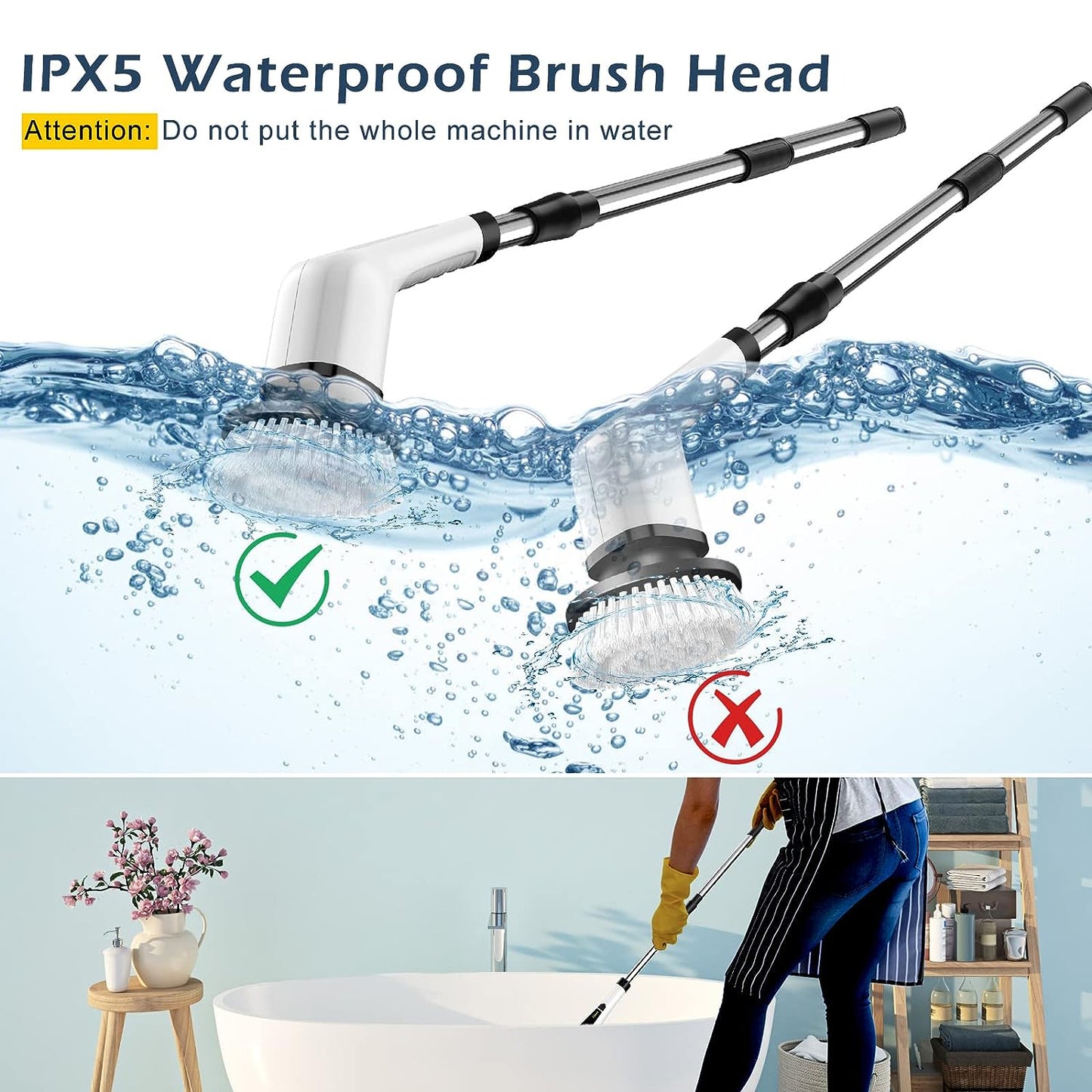 Cordless Electric Spin Scrubber,Cleaning Brush Scrubber for Home, 400RPM/Mins-8 Replaceable Brush Heads-90Mins Work Time,3 Adjustable Size,2 Adjustable Speeds for Bathroom Shower Bathtub Glass Car