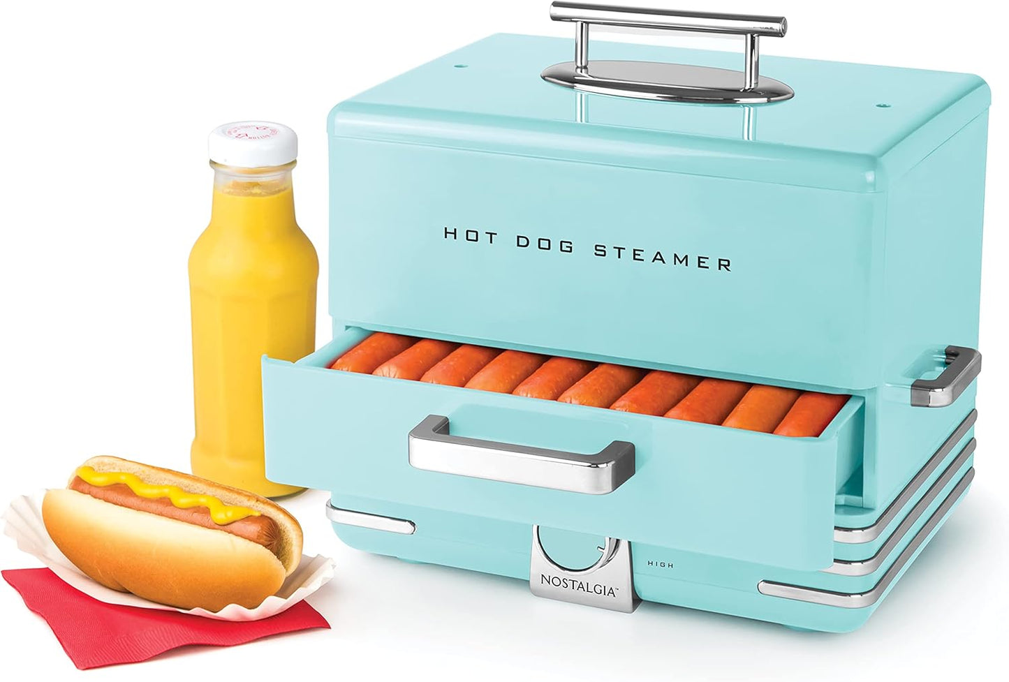 Nostalgia Extra Large Diner-Style Coca-Cola Hot Dog Steamer and Bun Warmer, 24 Hot Dog and 12 Bun Capacity, Steam Bratwursts, Sausages, Vegetables, Fish, Dumplings, Red