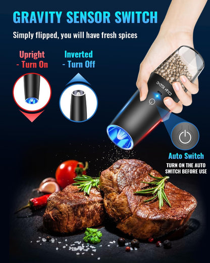 Sweet Alice Gravity Electric Pepper and Salt Grinder Set, Adjustable Coarseness, Battery Powered with LED Light, One Hand Automatic Operation, Stainless Steel Black, 2 Pack