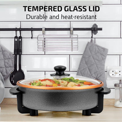 OVENTE 12 Inch Electric Skillet and Frying Pan with Nonstick Coating, 1400W Power, Adjustable Temperature Control, Tempered Glass Lid with Vent and Cool Touch Handles, Black SK11112B