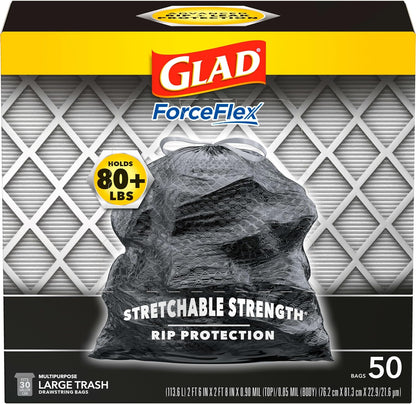 Glad Large Drawstring Trash Bags, ForceFlex 30 Gallon Black Trash Bags, 50 Count (Package May Vary)