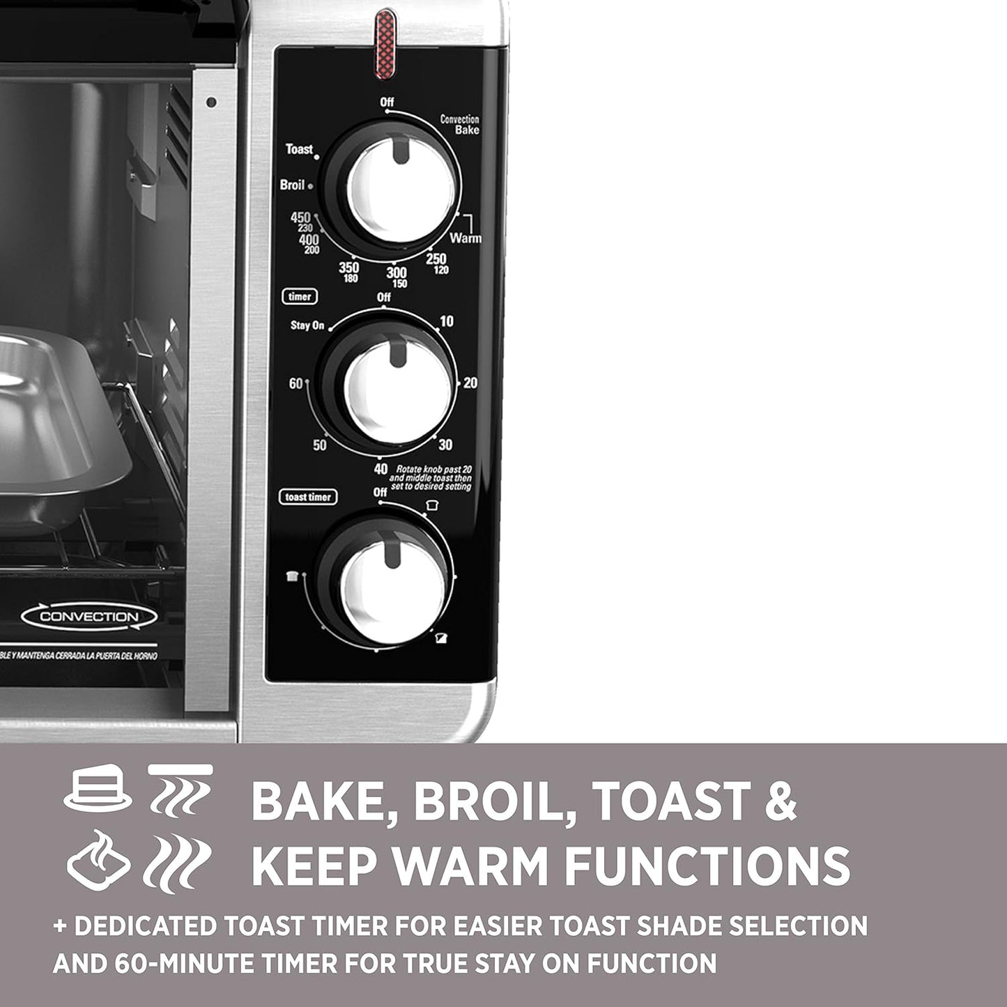 BLACK+DECKER 8-Slice Extra Wide Convection Toaster Oven, TO3250XSB, Fits 9"x13" Oven Pans and 12" Pizza, Stainless Steel/Black