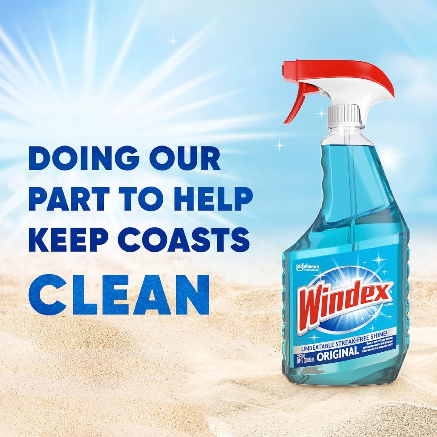 Windex Glass Cleaner Spray, Original Blue Window Cleaner Works on Smudges and Fingerprints, Bottle Made from 100% Recovered Coastal Plastic, 23 Fl Oz, Pack of 6