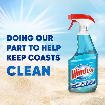 Windex Glass Cleaner Spray, Original Blue Window Cleaner Works on Smudges and Fingerprints, Bottle Made from 100% Recovered Coastal Plastic, 23 Fl Oz, Pack of 6