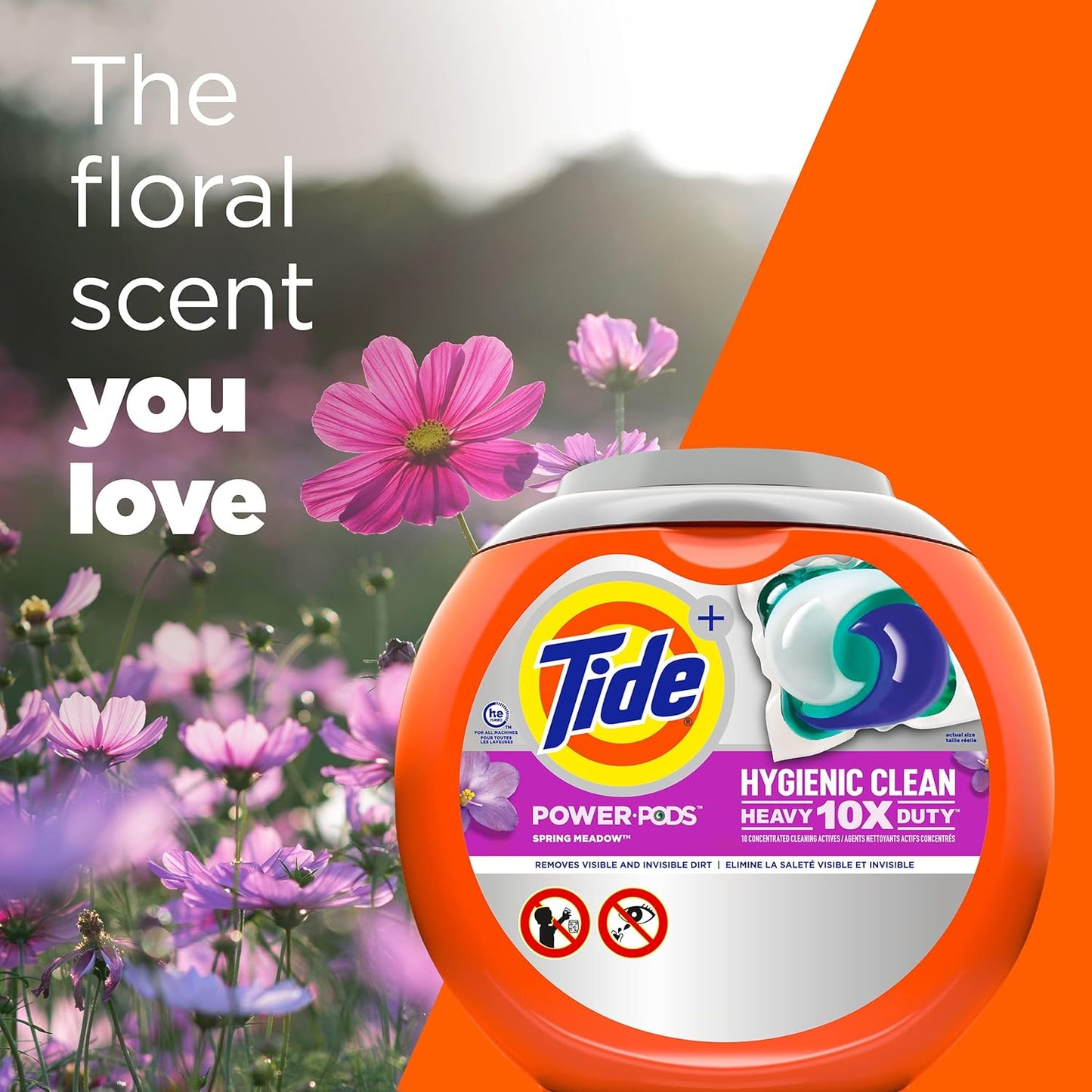 Tide Hygienic Clean Heavy 10x Duty Power PODS Laundry Detergent Pacs For Visible and Invisible Dirt, Spring Meadow Scent, 45 Count