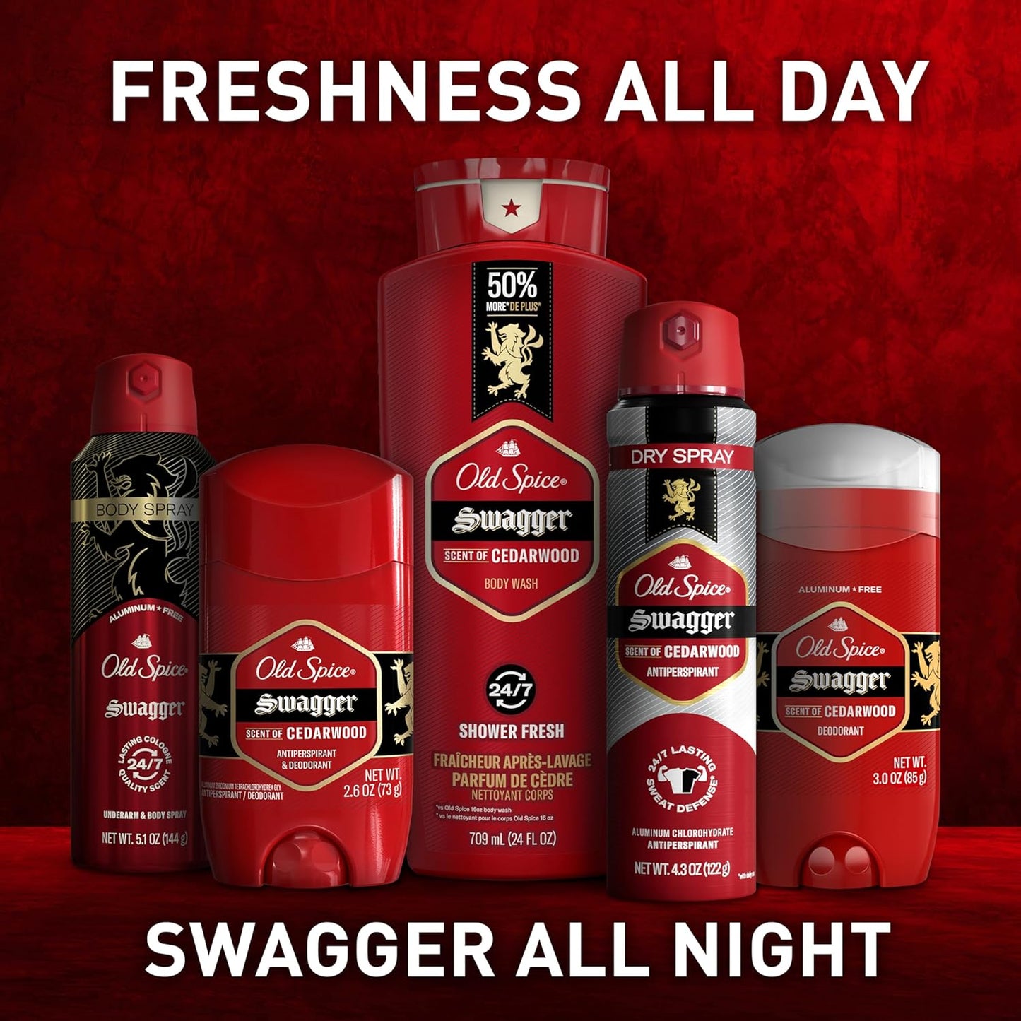 Old Spice Body Wash for Men, 24/7 Shower Fresh with Lasting Scent, Red Collection, Swagger with Cedarwood Scent, 24 fl oz (Pack of 2)