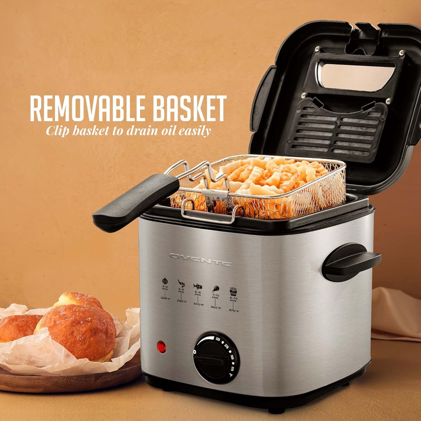 OVENTE Electric Deep Fryer 2 Liter Capacity, 1500 Watt Lid with Viewing Window and Odor Filter, Adjustable Temperature, Removable Frying Basket and Easy to Clean Stainless Steel Body, Silver FDM2201BR