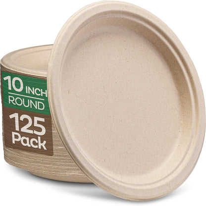 Paper Plates, 100% Compostable Heavy Duty Disposable Plate - [125-Pack] - {PFAS-Free} - {BPI Certified} - [9 Inch] Eco-Friendly, Biodegradable Bagasse Natural Brown 9" Dinner Plates - By Stack Man