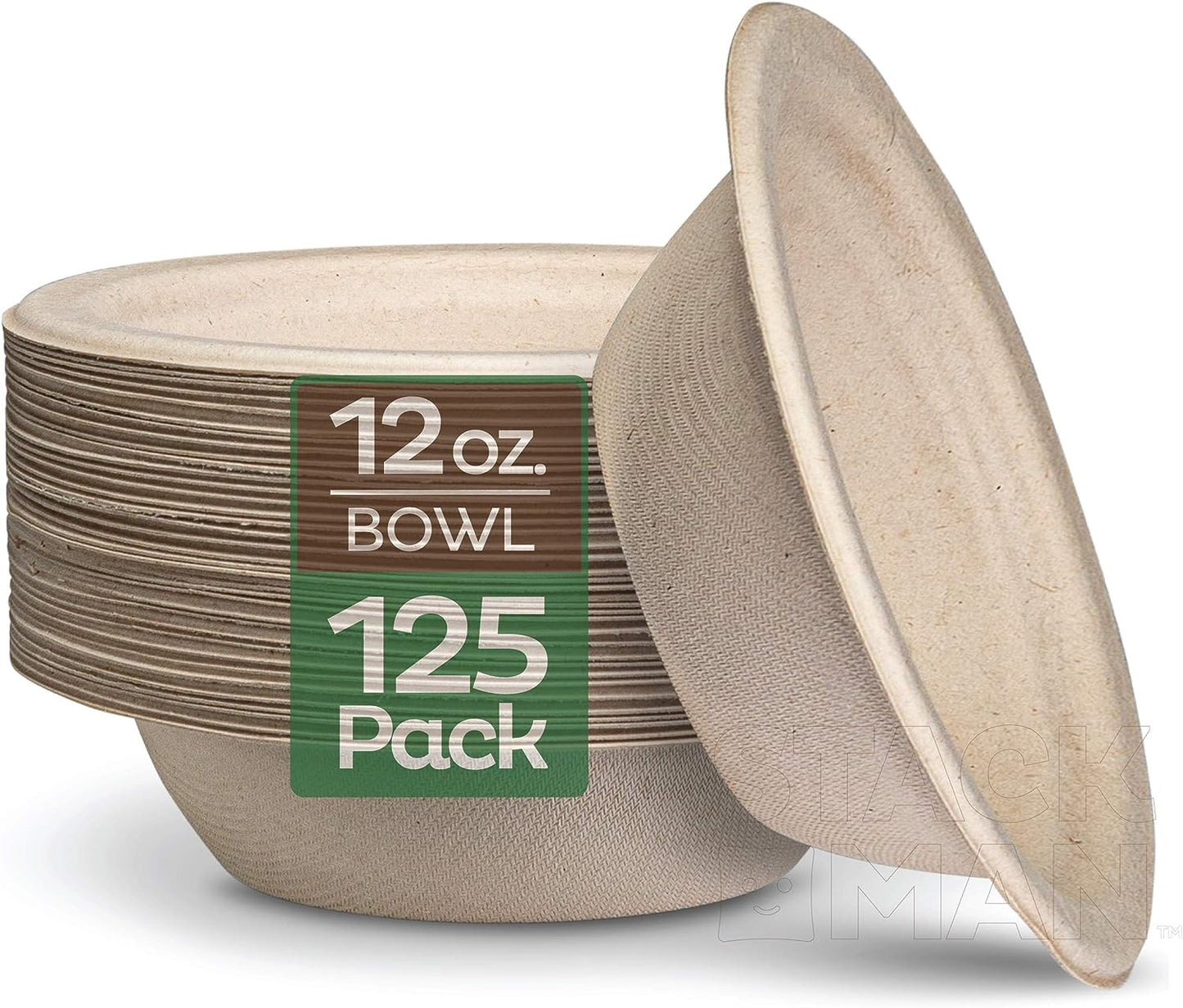 Paper Plates, 100% Compostable Heavy Duty Disposable Plate - [125-Pack] - {PFAS-Free} - {BPI Certified} - [9 Inch] Eco-Friendly, Biodegradable Bagasse Natural Brown 9" Dinner Plates - By Stack Man