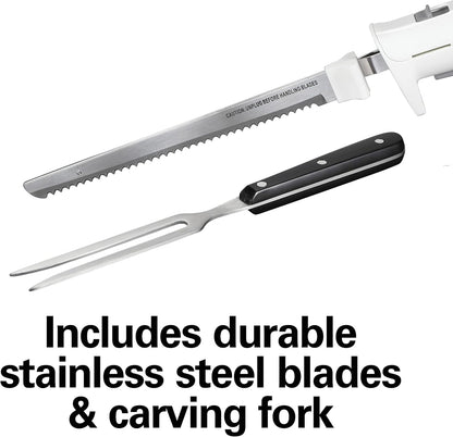 Hamilton Beach Electric Knife Set for Carving Meats, Poultry, Bread, Crafting Foam & More, Reciprocating Serrated Stainless Steel Blades, Ergonomic Design Storage Case + Fork Included, 5 Foot Cord
