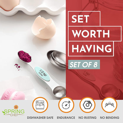 Spring Chef Magnetic Measuring Spoons Set with Strong N45 Magnets, Heavy Duty Stainless Steel Metal, Fits in Most Kitchen Spice Jars for Baking & Cooking, BPA Free, Black, Set of 8 with Leveler
