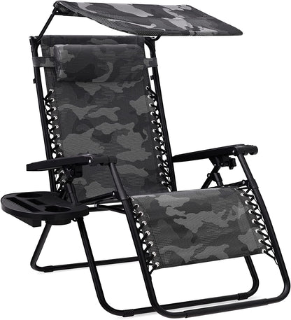Folding Zero Gravity Outdoor Recliner Patio Lounge Chair w/Adjustable Canopy Shade, Headrest, Side Accessory Tray, Textilene Mesh - Beige
