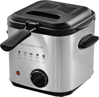 OVENTE Electric Deep Fryer 2 Liter Capacity, 1500 Watt Lid with Viewing Window and Odor Filter, Adjustable Temperature, Removable Frying Basket and Easy to Clean Stainless Steel Body, Silver FDM2201BR