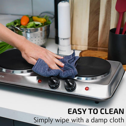 OVENTE Electric Countertop Double Burner, 1700W Cooktop with 7.25" and 6.10" Cast Iron Hot Plates, Temperature Control, Portable Cooking Stove and Easy to Clean Stainless Steel Base, Black BGS102B