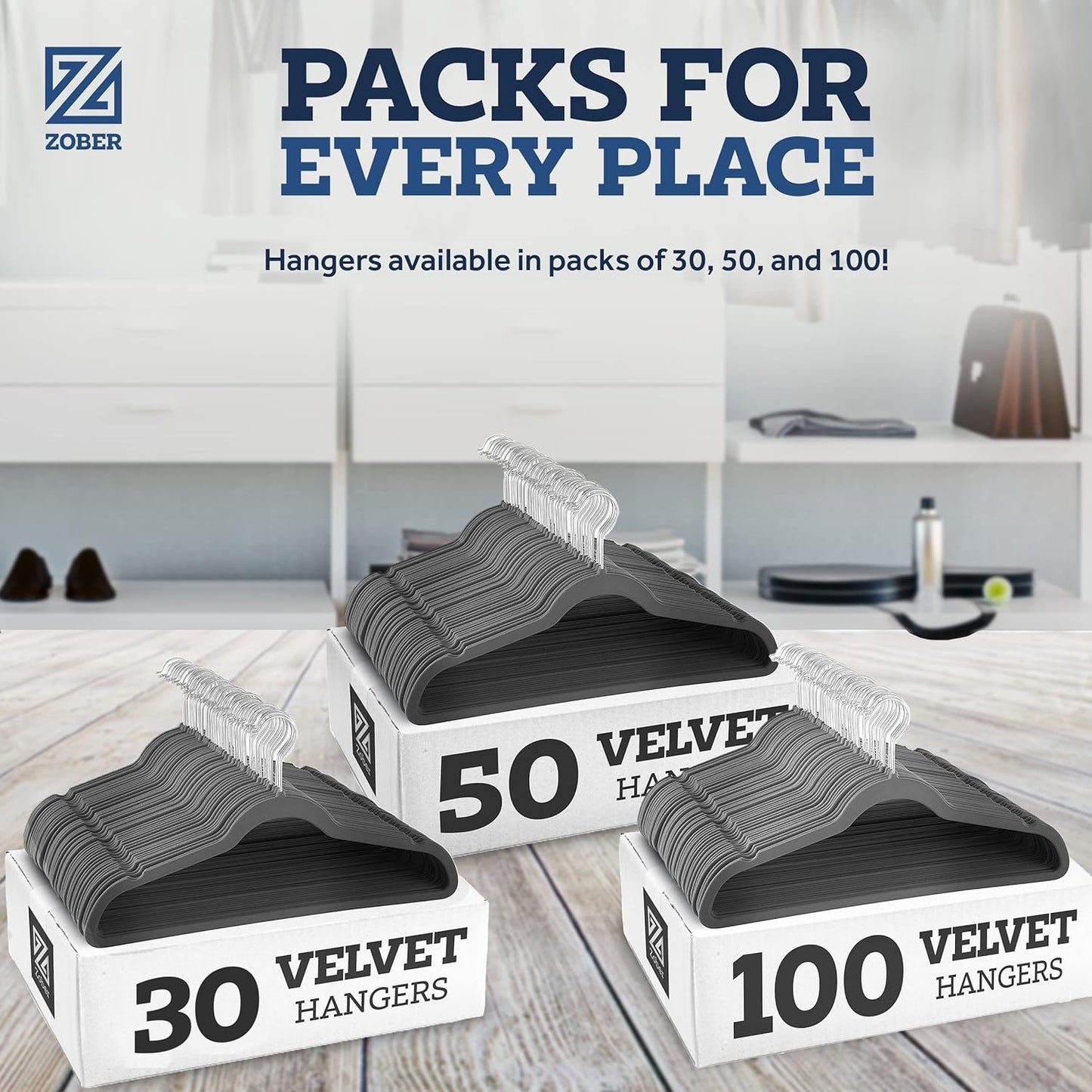 Zober Velvet Hangers 50 Pack - Heavy Duty Black Hangers for Coats, Pants & Dress Clothes - Non Slip Clothes Hanger Set - Space Saving Felt Hangers for Clothing