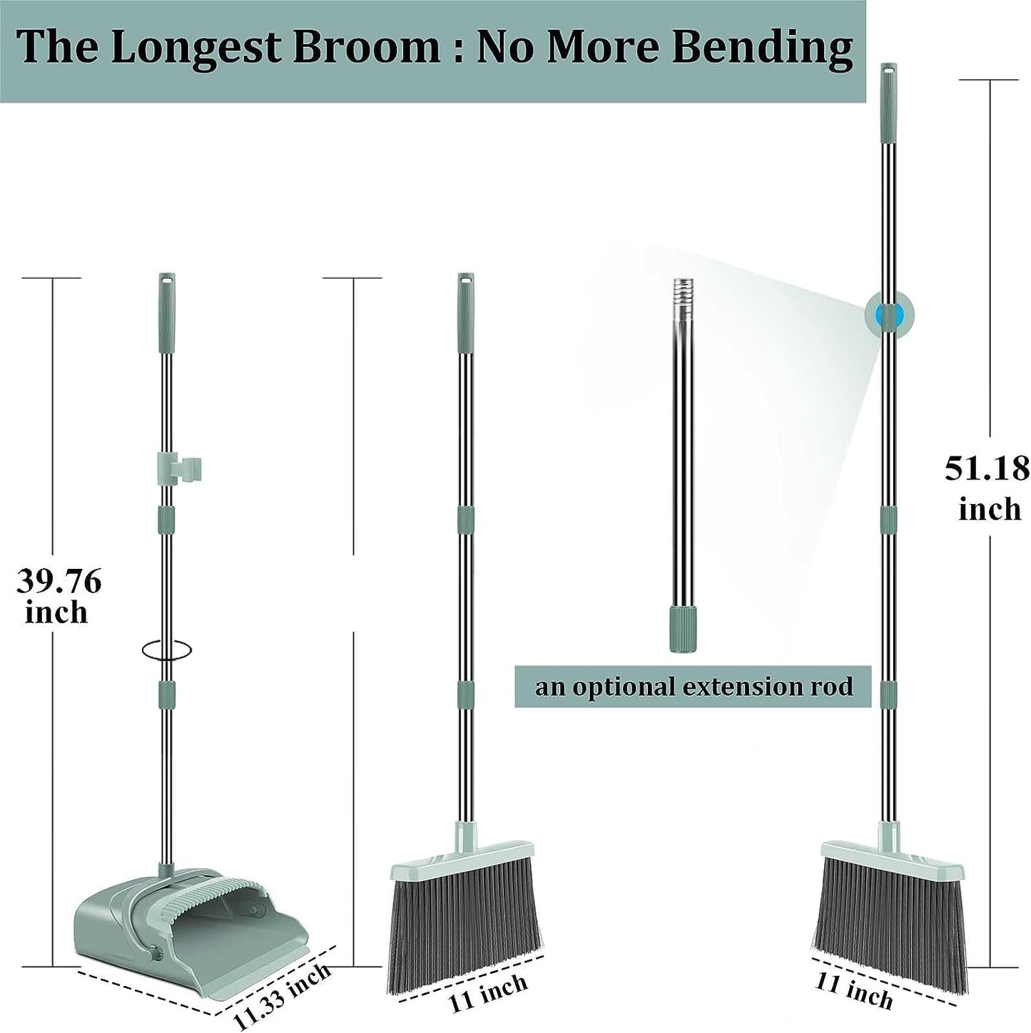 kelamayi Upgrade Stand Up Broom and Dustpan Set, Self-Cleaning with Dustpan Teeth, Ideal for Dog Cat Pets Home Use, Super Long Handle (Gray&Orange)