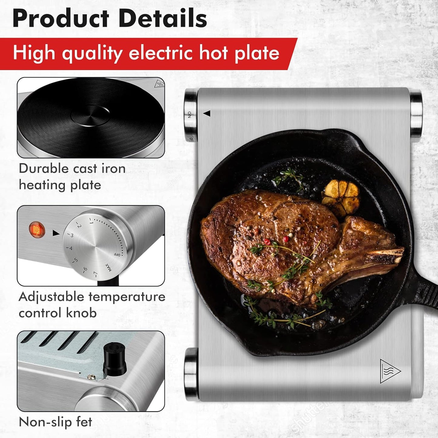 CUSIMAX Electric Hot Plate for Cooking Portable Single Burner 1500W Cast Iron hot plates Heat-up in Seconds Adjustable Temperature Control Stainless Steel Non-Slip Rubber Feet Upgraded Version B101