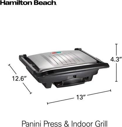 Hamilton Beach Panini Press Sandwich Maker & Electric Indoor Grill with Locking Lid, Opens 180 Degrees for any Thickness for Quesadillas, Burgers & More, Nonstick 8" x 10" Grids, Chrome (25460AG)