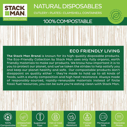 Paper Plates, 100% Compostable Heavy Duty Disposable Plate - [125-Pack] - {PFAS-Free} - {BPI Certified} - [9 Inch] Eco-Friendly, Biodegradable Bagasse Natural Brown 9" Dinner Plates - By Stack Man