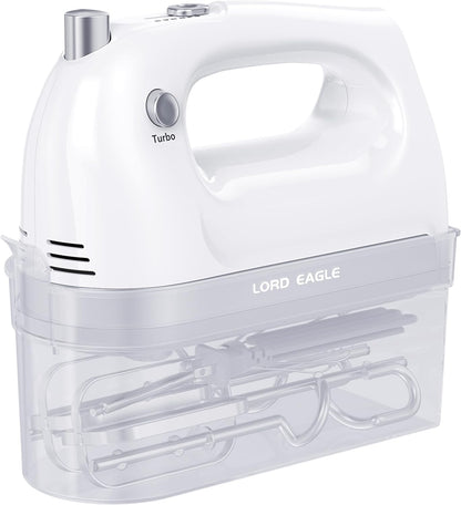 Lord Eagle Hand Mixer Electric, 400W Power handheld Mixer for Baking Cake Egg Cream Food Beater, Turbo Boost/Self-Control Speed + 5 Speed + Eject Button + 5 Stainless Steel Accessories (White)