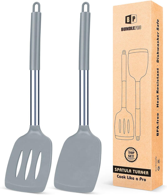 Pack of 2 Silicone Solid Turner,Non Stick Slotted Kitchen Spatulas,High Heat Resistant BPA Free Cooking Utensils,Ideal Cookware for Fish,Eggs,Pancakes (Black)