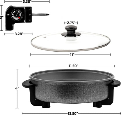 OVENTE 12 Inch Electric Skillet and Frying Pan with Nonstick Coating, 1400W Power, Adjustable Temperature Control, Tempered Glass Lid with Vent and Cool Touch Handles, Black SK11112B