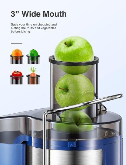Qcen Juicer Machine, 800W Centrifugal Juicer Extractor with Wide Mouth 3” Feed Chute for Fruit Vegetable, Easy to Clean, Stainless Steel, BPA-free (Black)