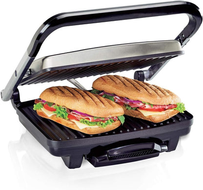 Hamilton Beach Panini Press Sandwich Maker & Electric Indoor Grill with Locking Lid, Opens 180 Degrees for any Thickness for Quesadillas, Burgers & More, Nonstick 8" x 10" Grids, Chrome (25460AG)