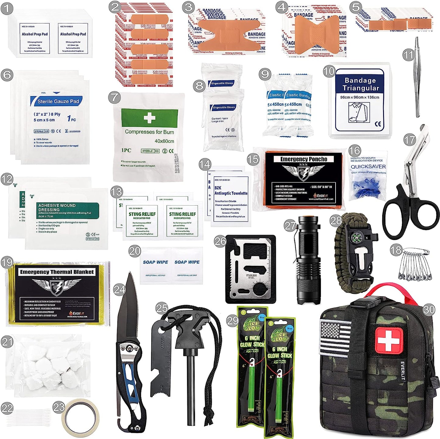 EVERLIT 250 Pieces Survival First Aid Kit IFAK EMT Molle Pouch Survival Kit Outdoor Gear Emergency Kits Trauma Bag for Camping Boat Hunting Hiking Home Car Earthquake and Adventures