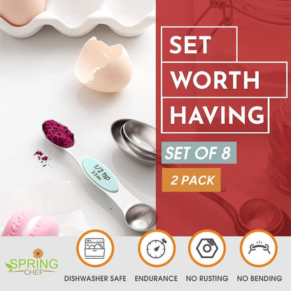 Spring Chef Magnetic Measuring Spoons Set with Strong N45 Magnets, Heavy Duty Stainless Steel Metal, Fits in Most Kitchen Spice Jars for Baking & Cooking, BPA Free, Black, Set of 8 with Leveler