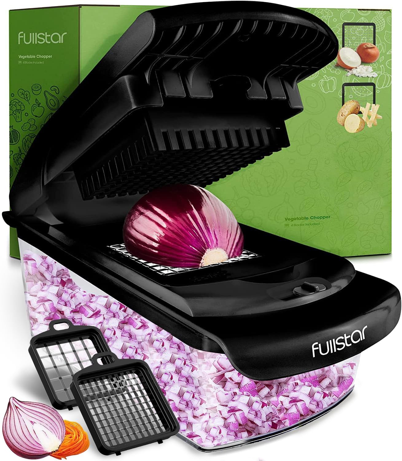 Fullstar Vegetable Chopper - Food Chopper - Onion Chopper - Vegetable Slicer & Spiralizer - Veggie Chopper with Container - Kitchen Gadgets - Home Essentials - Kitchen Accessories (4 in 1, White)