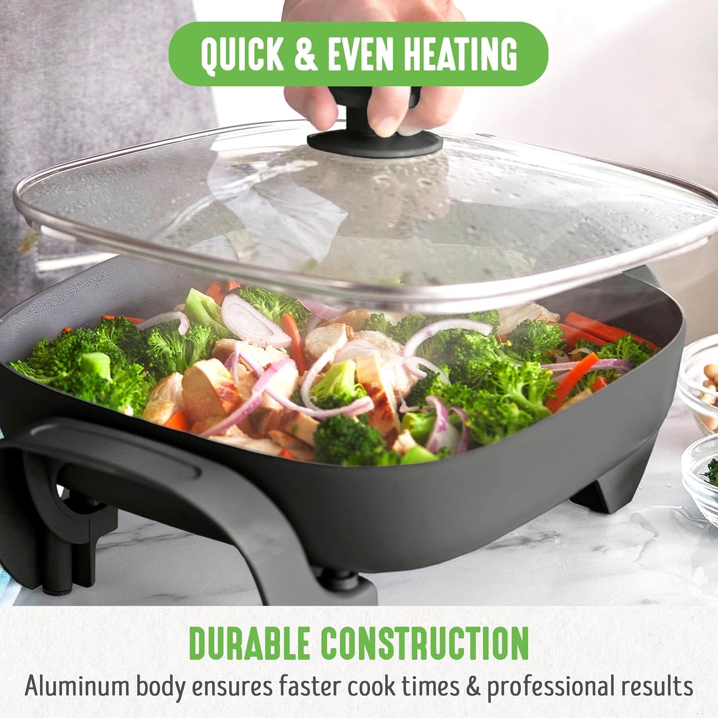 GreenLife 12" 5QT Square Electric Skillet, Glass Vented Lid, Ceramic PFAS-Free Nonstick Interior, Adjustable Temperature Control, Cool Touch Handles, Quick Even Heating, Scratch Resistant, Turquoise
