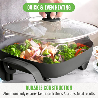 GreenLife 12" 5QT Square Electric Skillet, Glass Vented Lid, Ceramic PFAS-Free Nonstick Interior, Adjustable Temperature Control, Cool Touch Handles, Quick Even Heating, Scratch Resistant, Turquoise