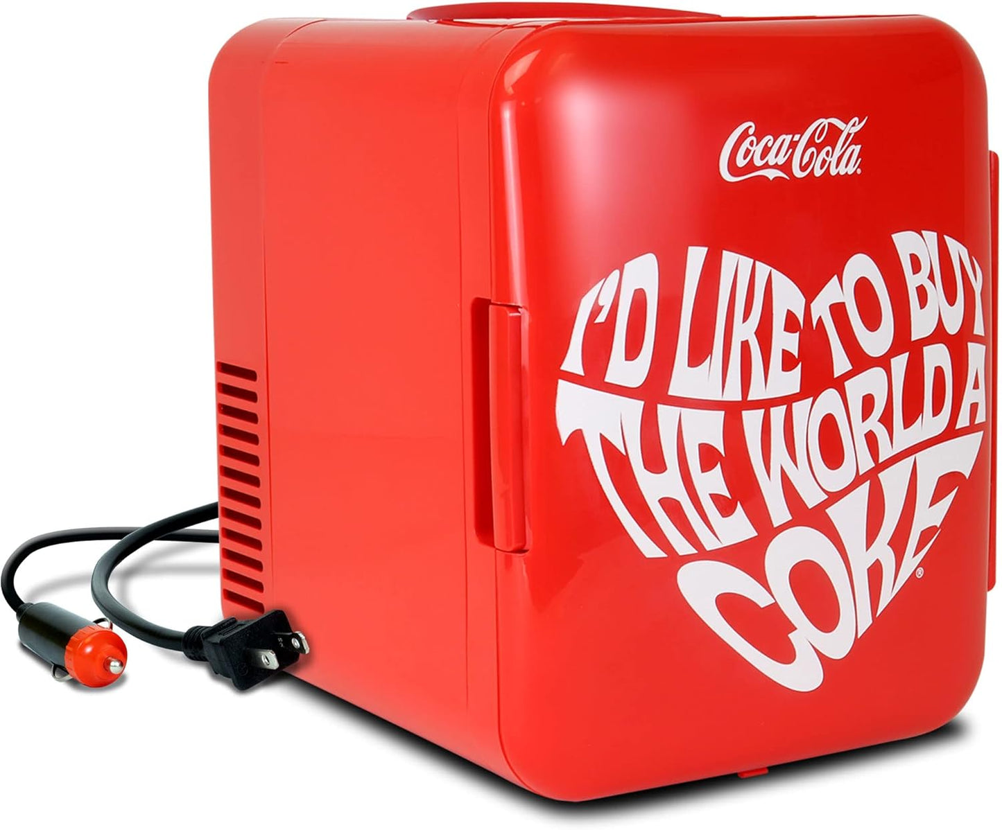 Coca-Cola Classic Coke Bottle 4L Mini Fridge w/ 12V DC and 110V AC Cords, 6 Can Portable Cooler, Personal Travel Refrigerator for Snacks Lunch Drinks Cosmetics, Desk Home Office Dorm, Red
