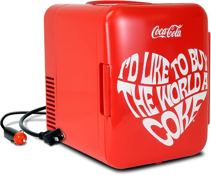 Coca-Cola Classic Coke Bottle 4L Mini Fridge w/ 12V DC and 110V AC Cords, 6 Can Portable Cooler, Personal Travel Refrigerator for Snacks Lunch Drinks Cosmetics, Desk Home Office Dorm, Red