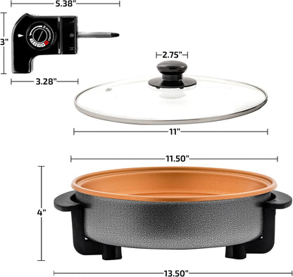 OVENTE 12 Inch Electric Skillet and Frying Pan with Nonstick Coating, 1400W Power, Adjustable Temperature Control, Tempered Glass Lid with Vent and Cool Touch Handles, Black SK11112B