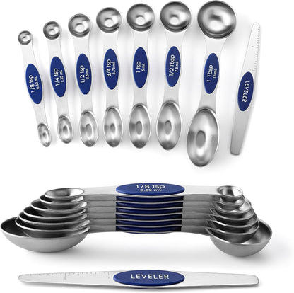 Spring Chef Magnetic Measuring Spoons Set with Strong N45 Magnets, Heavy Duty Stainless Steel Metal, Fits in Most Kitchen Spice Jars for Baking & Cooking, BPA Free, Black, Set of 8 with Leveler
