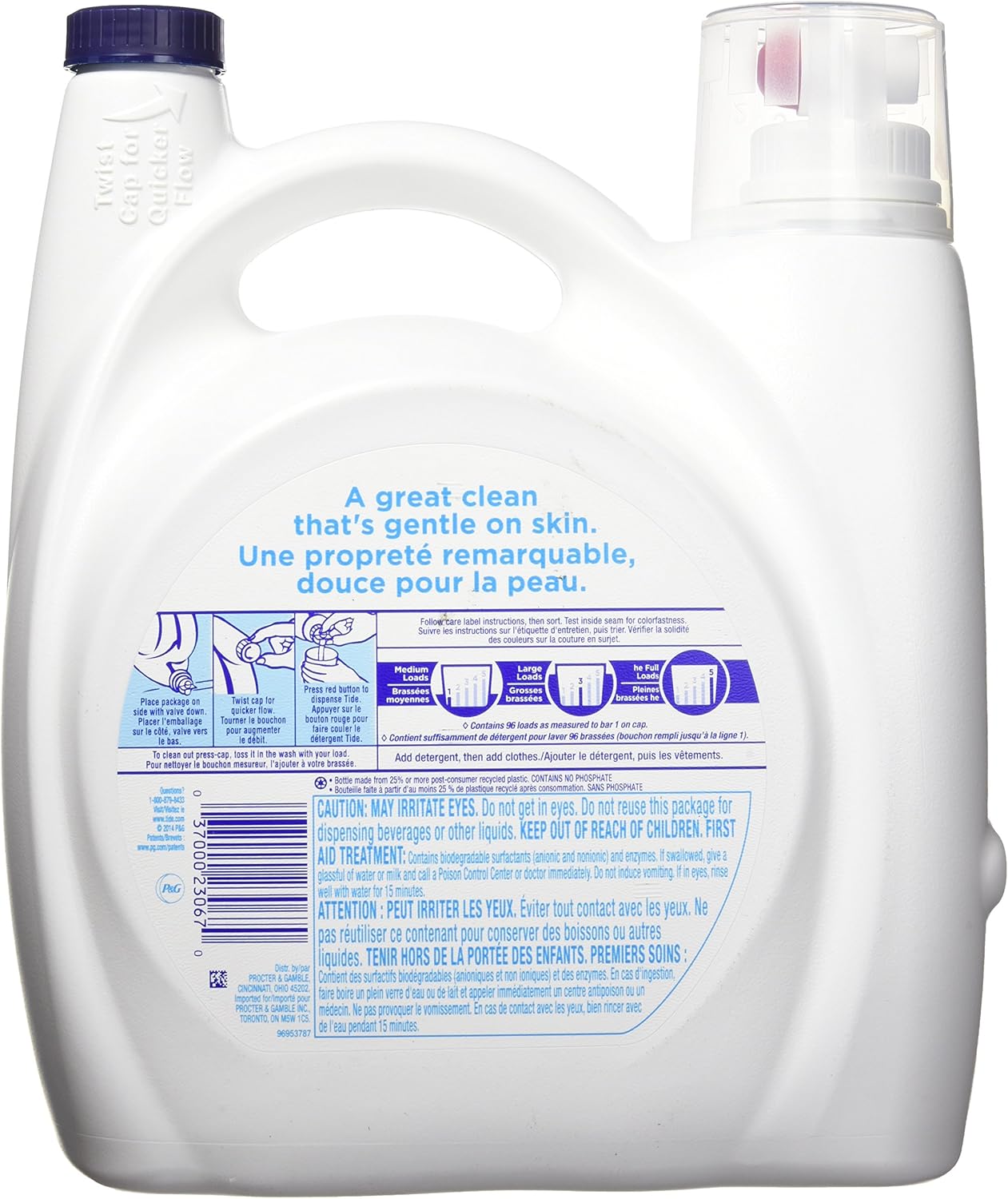 Tide Free & Gentle Laundry Detergent Liquid, HE Compatible, 100 Loads, 132 fl oz Hypoallergenic Laundry Detergent for Sensitive Skin