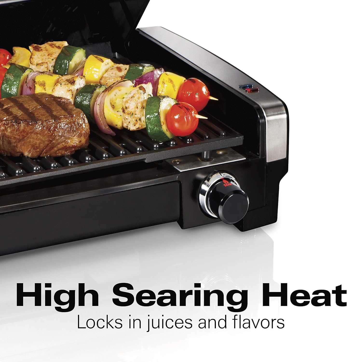 Hamilton Beach Electric Indoor Searing Grill with Viewing Window & Adjustable Temperature Control to 450F, 118 sq. in. Surface Serves 6, Removable Nonstick Grate, Stainless Steel