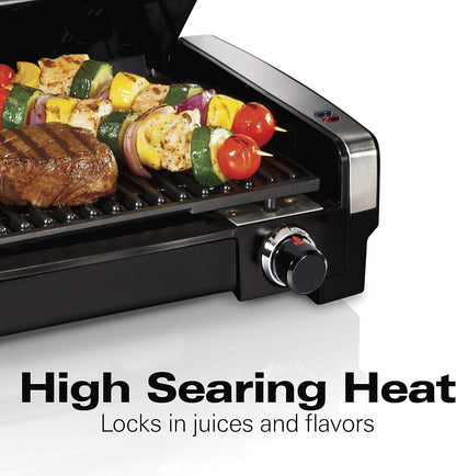 Hamilton Beach Electric Indoor Searing Grill with Viewing Window & Adjustable Temperature Control to 450F, 118 sq. in. Surface Serves 6, Removable Nonstick Grate, Stainless Steel