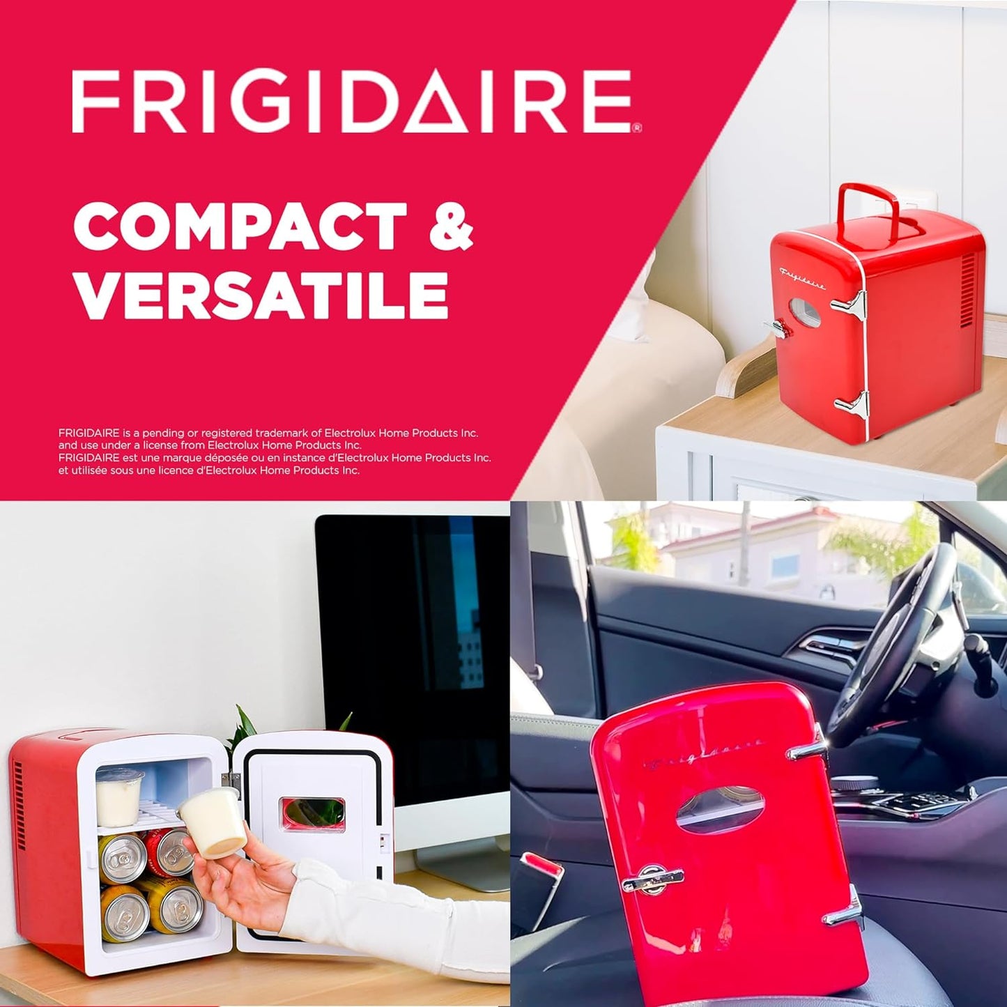 Frigidaire Retro Mini Fridge Cooler, 4L Capacity Chills 6 12oz Cans, 100% Freon-Free & Eco Friendly, Portable Fridge for Car, Office, Bedroom, Dorm Room, or Cabin - 9.84"D x 7.09"W x 10.35"H (Pink)