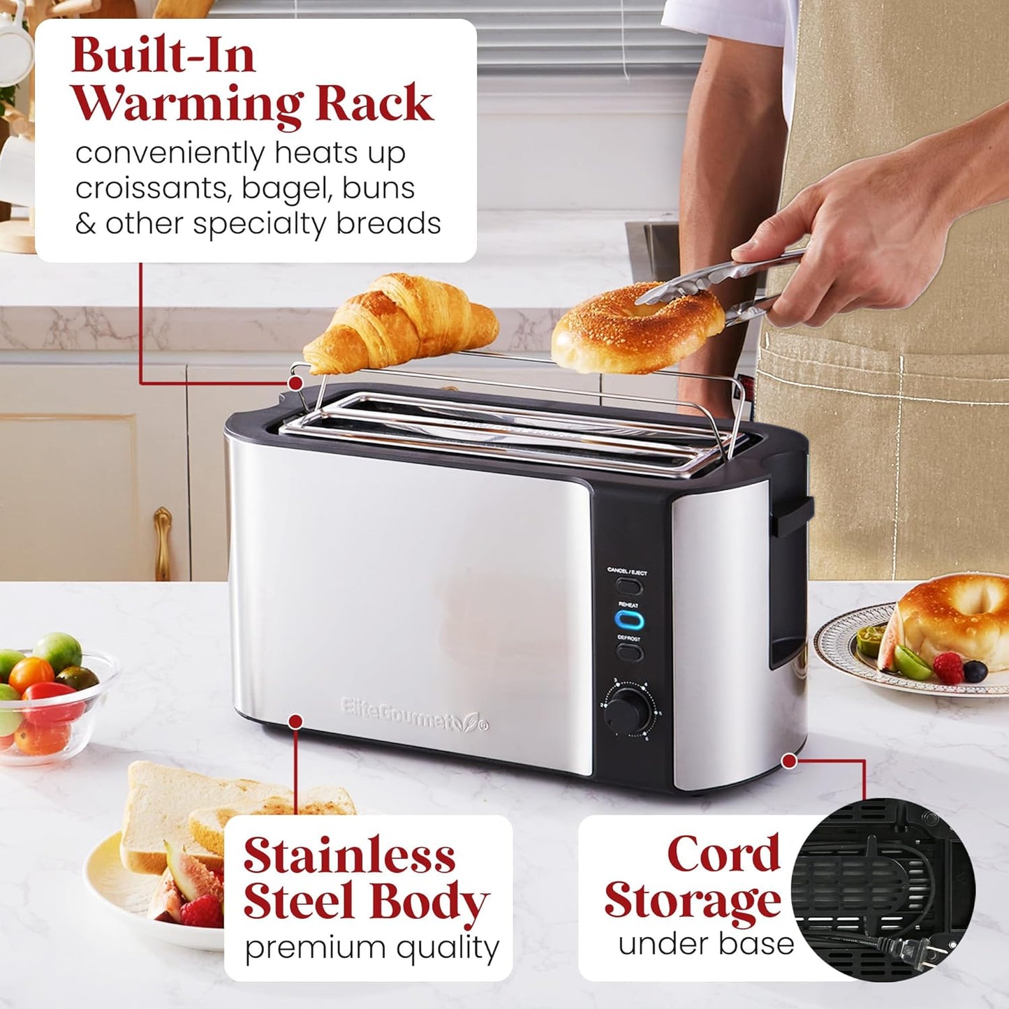 Elite Gourmet ECT-3100 Long Slot 4 Slice Toaster, Reheat, 6 Toast Settings, Defrost, Cancel Functions, Built-in Warming Rack, Extra Wide Slots for Bagels & Waffles, Stainless Steel & Black