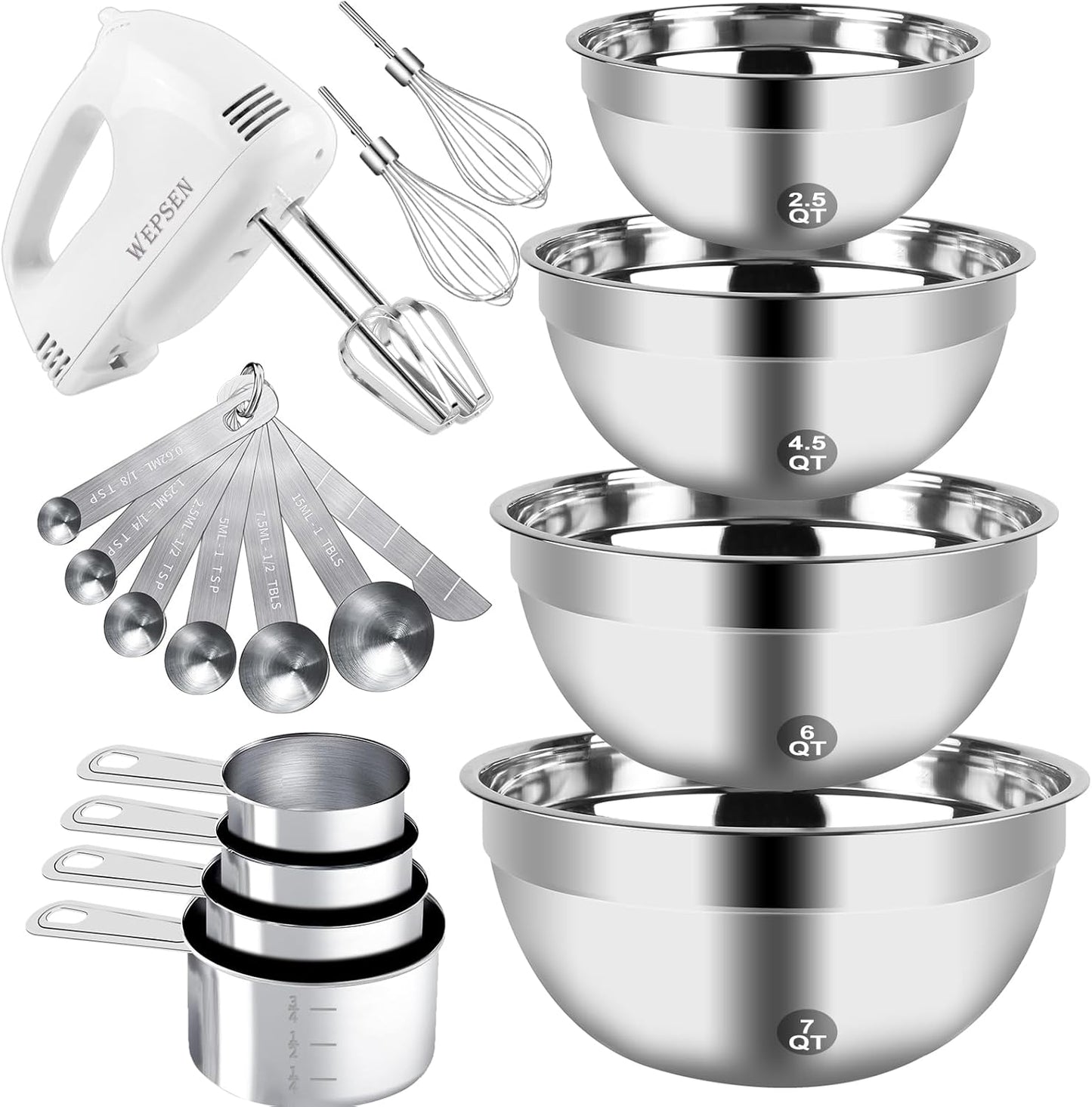 Hand Mixer Electric Mixing Bowls Set, 5 Speeds Handheld Mixer with 4 Nesting Stainless Steel Mixing Bowl, Measuring Cups Spoons 200W Kitchen Blender Whisk Beater Baking Supplies For Beginner