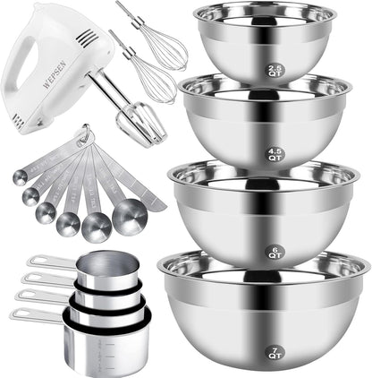Hand Mixer Electric Mixing Bowls Set, 5 Speeds Handheld Mixer with 4 Nesting Stainless Steel Mixing Bowl, Measuring Cups Spoons 200W Kitchen Blender Whisk Beater Baking Supplies For Beginner