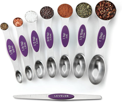Spring Chef Magnetic Measuring Spoons Set with Strong N45 Magnets, Heavy Duty Stainless Steel Metal, Fits in Most Kitchen Spice Jars for Baking & Cooking, BPA Free, Black, Set of 8 with Leveler