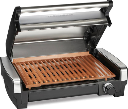 Hamilton Beach Electric Indoor Searing Grill with Viewing Window & Adjustable Temperature Control to 450F, 118 sq. in. Surface Serves 6, Removable Nonstick Grate, Stainless Steel