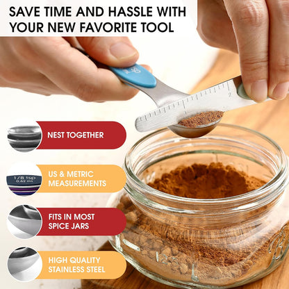 Spring Chef Magnetic Measuring Spoons Set with Strong N45 Magnets, Heavy Duty Stainless Steel Metal, Fits in Most Kitchen Spice Jars for Baking & Cooking, BPA Free, Black, Set of 8 with Leveler