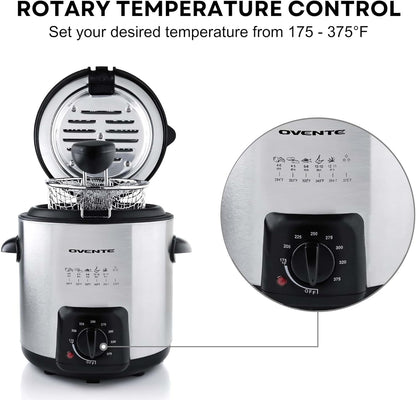 OVENTE Electric Deep Fryer 2 Liter Capacity, 1500 Watt Lid with Viewing Window and Odor Filter, Adjustable Temperature, Removable Frying Basket and Easy to Clean Stainless Steel Body, Silver FDM2201BR